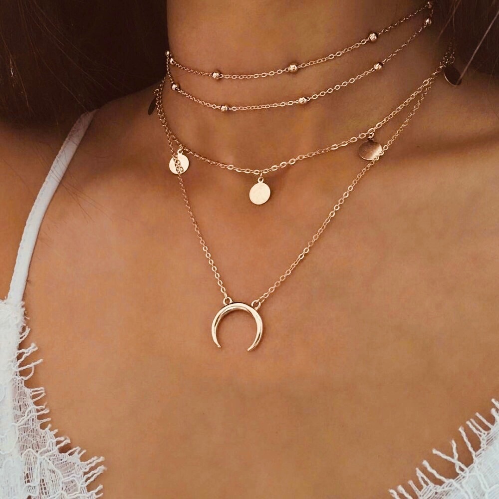 Boho Multilayer Necklace with Coins and Moon - Picture 1 of 6